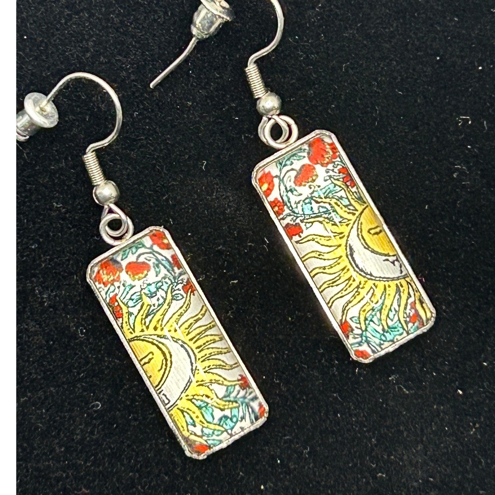 Celestial Sun Floral drop Earrings Rectangle Silver Tone Boho Artistic dangle